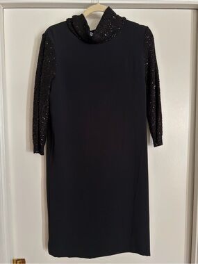 Amina Rubinacci - Black Sequin Sleeve Turtleneck Shift Dress